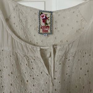 Rayon, cap sleeve eyelet top by Johnny Wad.